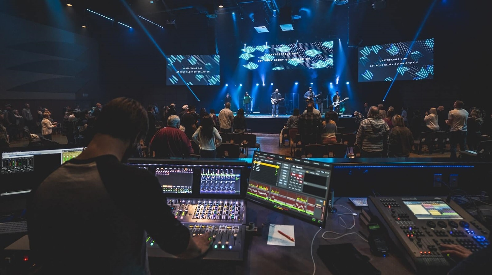 view of Shelter Cove Community Church service from sound booth