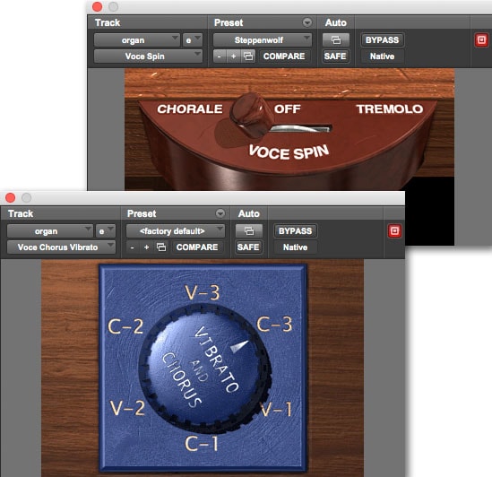 Voce Bundle interface for rotating speaker and B3 organ audio plugins