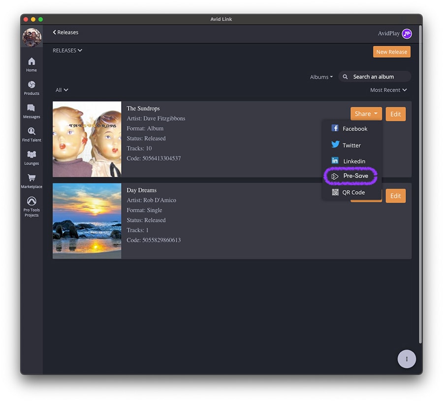 where to find pre-save links in AvidPlay
