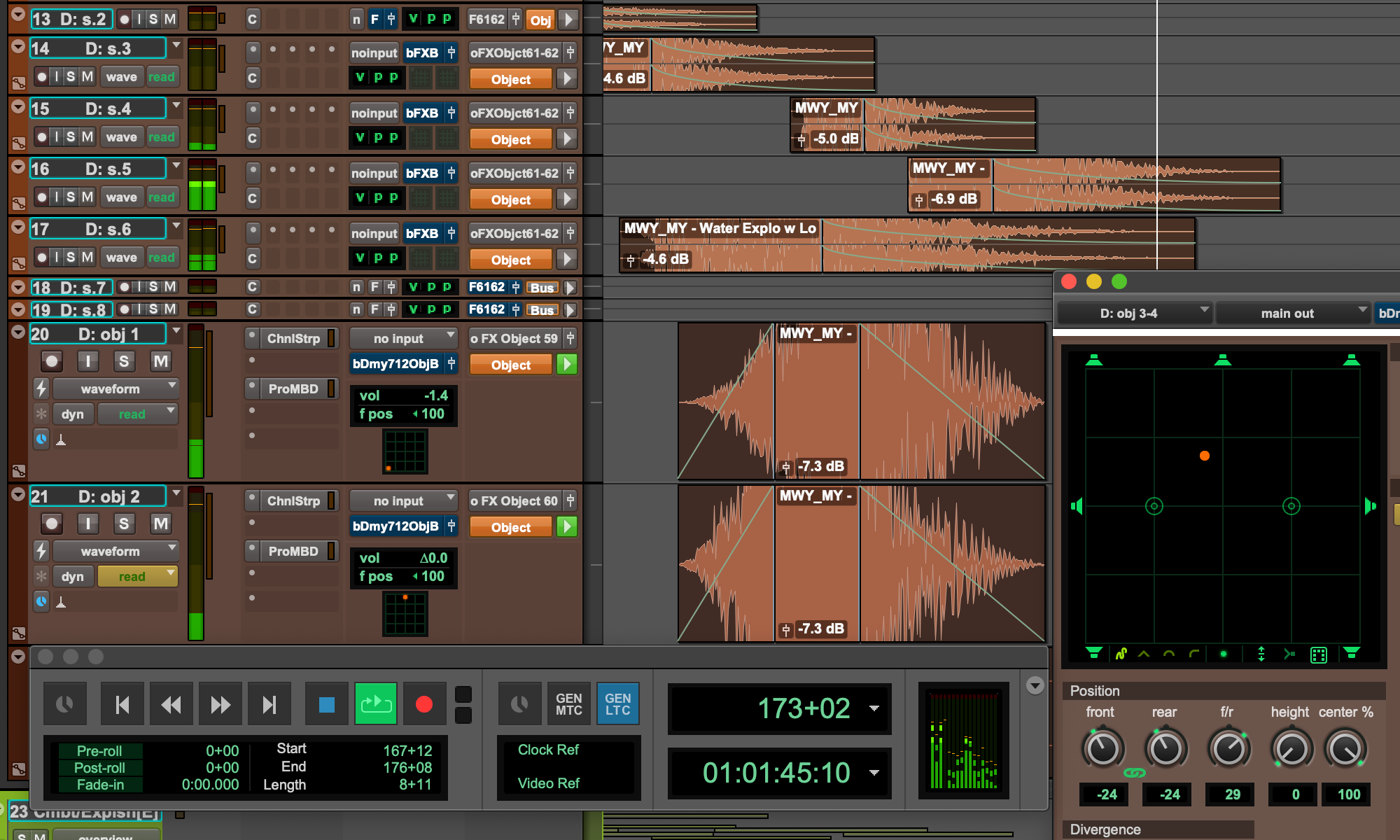 Pro Tools tracks with surround sound settings window on bottom right