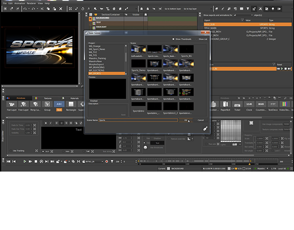 Maestro SceneEdit interface showing a sports graphic in production