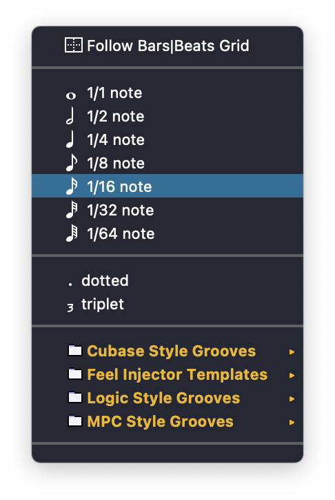 Screenshot of Pro Tools Quantize Grid menu